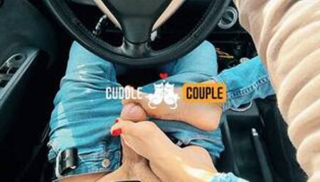Footjob Handjob till Cum while driving
