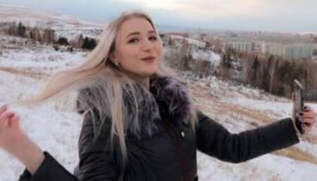 Winter Blowjob and Sex With a  Cute Girl In a Fur Coat - Swallow Cum