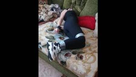 Workout girl tied up with duct tape at home