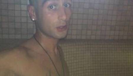 Showing cock and feet at the steam room