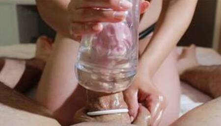 The clear Fleshlight torture! POV Handjob with oil tied cock