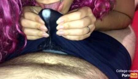 Blowjob through underwear, cum in pants blowjob