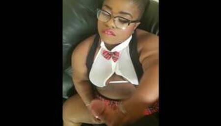 Ebony Midget Strokes off a Cock and Plays w Black Pussy