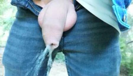 Piss mess - 3 times pissing with uncut cock public - cock and balls out of jeans
