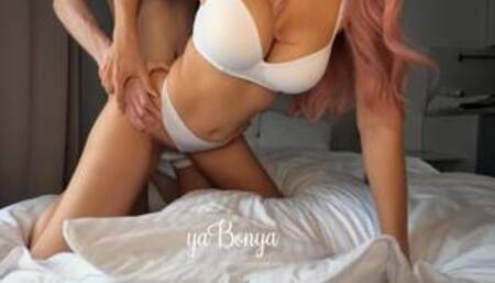 FIRST I MASTURBATE, THEN I GET ON MY KNEES AND HE FUCKS ME FROM BEHIND. PERFECT POSTURE AND BODY