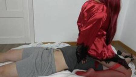 Facesitting Girl in Red Pantyhose on Slave in Handcuffs Socks Femdome