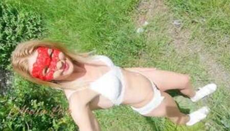Hot Blonde taking off Clothes and Exposing her Skinny Body in Nature - Abella Love