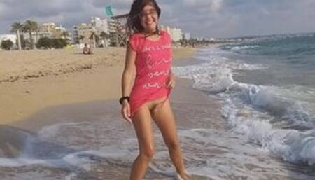 Public Flashing # Take Off Panties # Tanning Hairy Pussy at Sun Set Beach among people