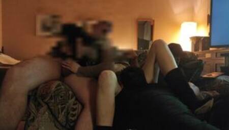 Slut wife giving blowjob to a guy from tinder while cuckold husband lick her pussy