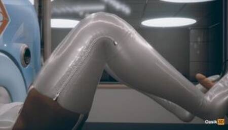 Constrained girl gives a footjob to her man's cock 3D