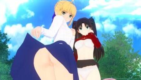 Threesome with Rin Tohsaka and Saber Fate [Hentai 3D]