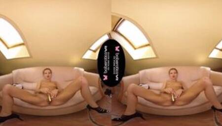 Solo blonde stunner, Sarah Kay is masturbating, in VR