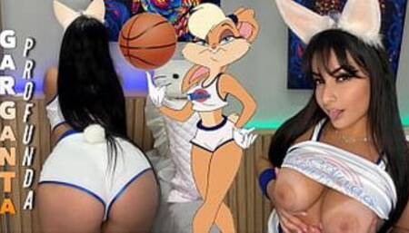 Easter Cosplay Lolla Bunny in tight shorts deepthroating her toy until it cums on her big boobs