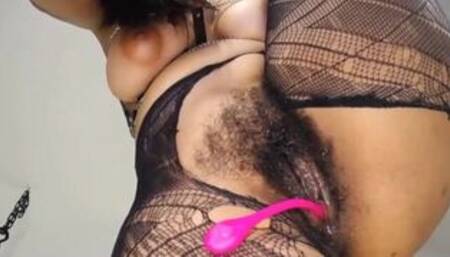 Brunette babe with hairy pussy uses dildo POV