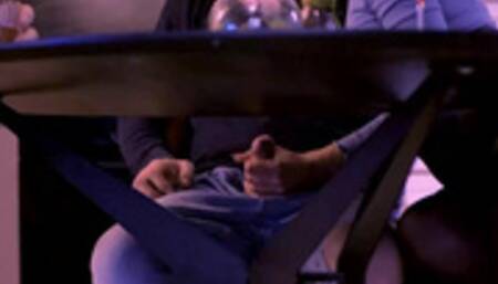 HANDJOB FOR HUSBANDS FRIEND TURNS INTO TONGUE BLOWJOB WHILE HUSBAND SITS NEXT TO US