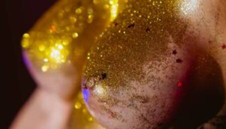 Glitter meets oil and big boobies then a fat dick