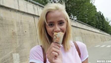 Colombian hottie Veronica Leal is travelling through Spain and meets some random guy who has either a big wallet or an even bigger dick! When he starts flashing cash, she goes from flashing her perfect tits to getting her tiny pussy stretched out in publi