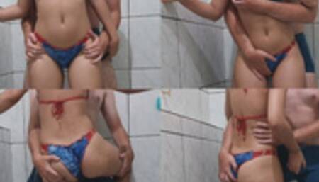 Dry humping in wet clothes, handjob cum in pants in the shower