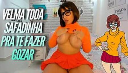 Velma Dinkley from scooby doo cosplay girl dirty talking, teasing and applying oil on her big tits and big ass