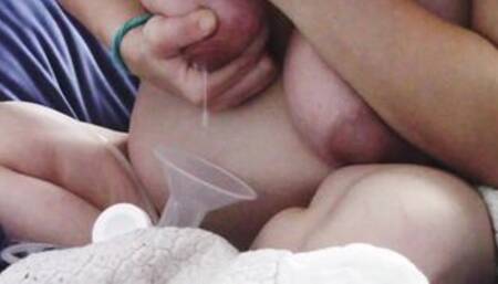 Milking my pregnant tits while I work