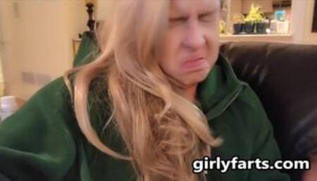 Blonde Talking About Farts and Farting Nonstop On Leather Couch