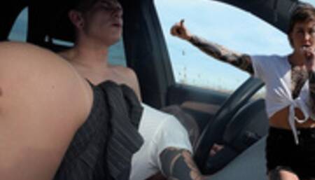 POV: Pantyless TEEN SUCKS COCK for a ride / hitch-hiking without underpants
