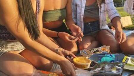 Risky public flashing - Picnic in the park with friends