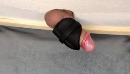 Milking table, vibrating toy makes dick cum