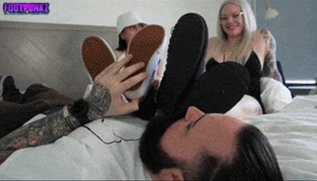 Human ATM For Two Goddesses Foot Smelling Handjob w huge Cumshot on own Face