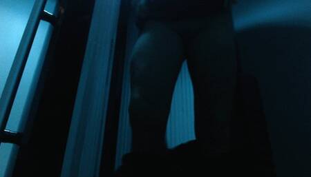 Very naughty and risky DP masturbation in public standup tanning booth