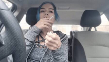 Sexy Goth Girl Smokes In Car after Workout at the Gym