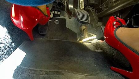 Driving in red peep toe