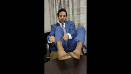 Gio's blue suit and brown sheers
