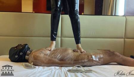 Trampling and shoejob with a mummified submissive