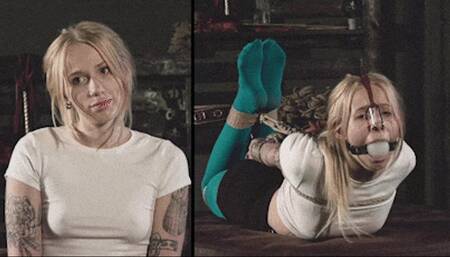 Olivia - Tight hogtie in colored tights with massive ballgag and nose hook (UHD 4K MP4)