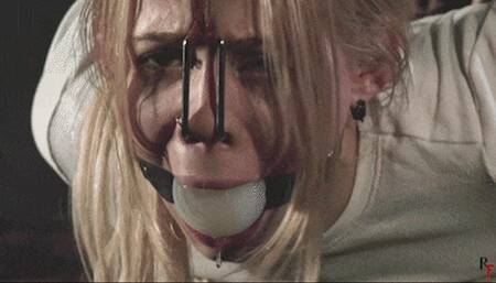 Olivia - Tight hogtie in colored tights with massive ballgag and nose hook (FULL HD MP4)