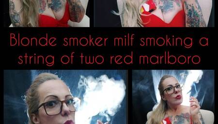 Blonde milf chain smoking two Marlboro reds in a row - sexy red lips Coughing