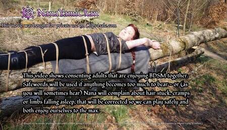 4k UHD: Girl tied to tree log in public forest, breath control and teasing to orgasm