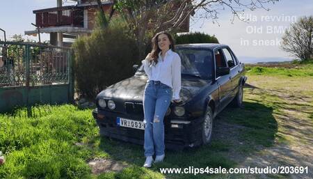 19 - Ella revving old BMW in sneakers