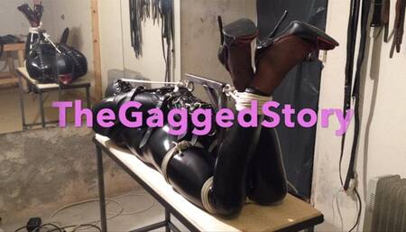 Crossdresser hogtied in catsuit gagged and hooded