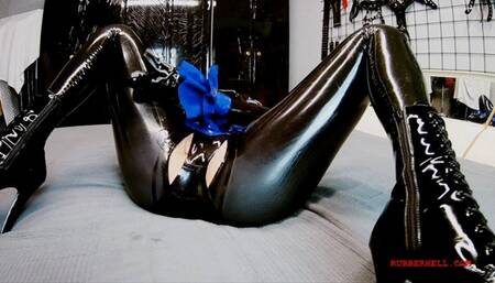 Playing with huge double-sided dildo in blue latex frills part 2 #S23
