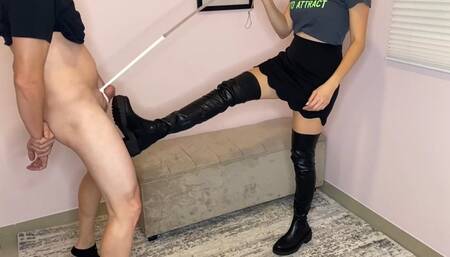 Brutal Ballbusting in my knee high-boots making him cum