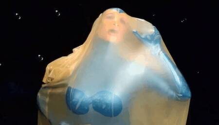Hot Babe In Blue Latex Catsuit Masturbates Full Encased In Rubber Bag - Hard Breathing