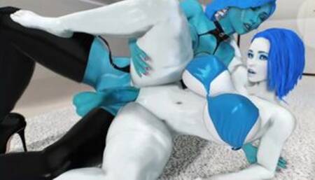 Futanari Babe Inserts Her Huge Blue Cock Between Her Girlfriend's Beautiful Legs