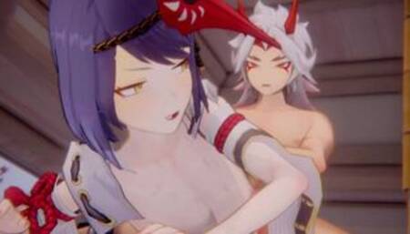 Kujou Sara x Arataki Itto Genshin Impact 3D HENTAI Shortver Part 4/6