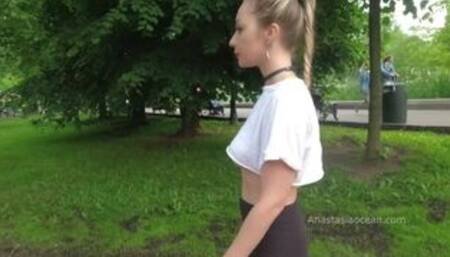 Girl walks in park. topless in public. naked outside. Flashing boobs