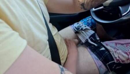 Public Car handjob from young Emma while we drive in forest road
