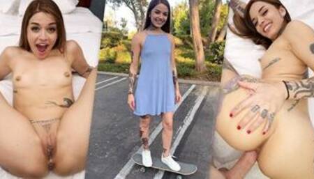 Tattooed Skater Girl Vanessa Vega in Skateboarding and Squirting in Public