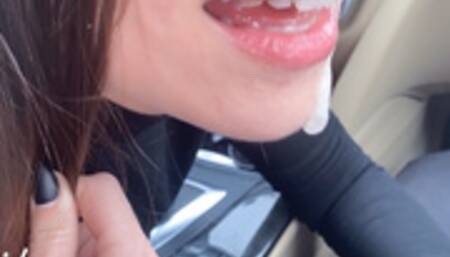 Horny girl driver swallows random guy's cock in car.