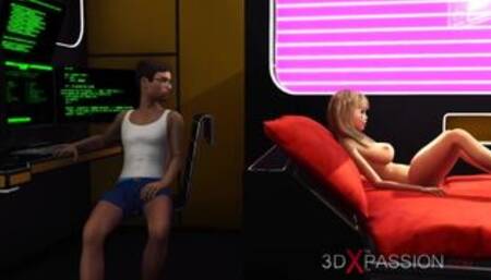 3d dickgirl android plays with a sexy young blonde in the sci-fi bedroom